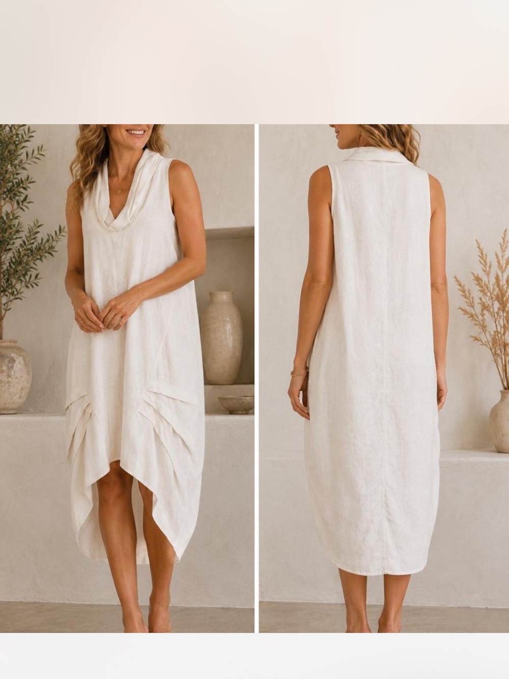 FORCYNTHIA Sleeveless Draped Cowl Neck Linen Dress in Cream size M